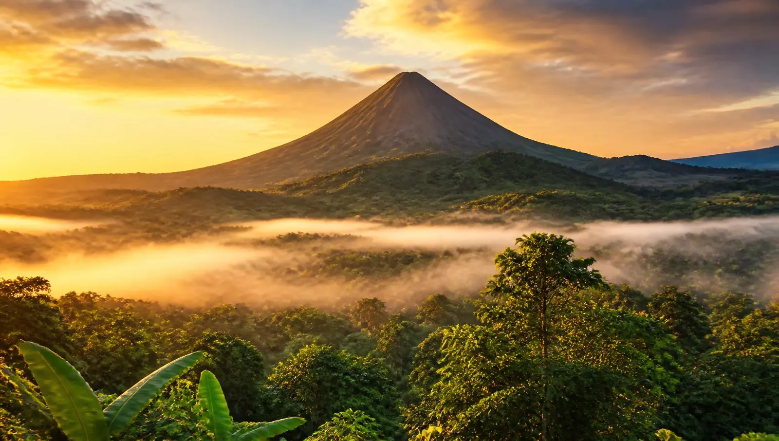 Arenal Volcano rising above misty rainforest at sunrise